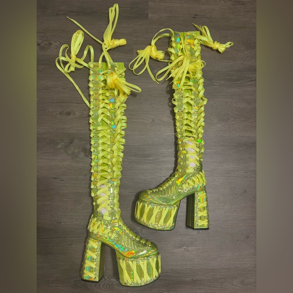 NWOB Dolls Kill / Club Exx Green Holographic Thigh High Rude Awakening Boots